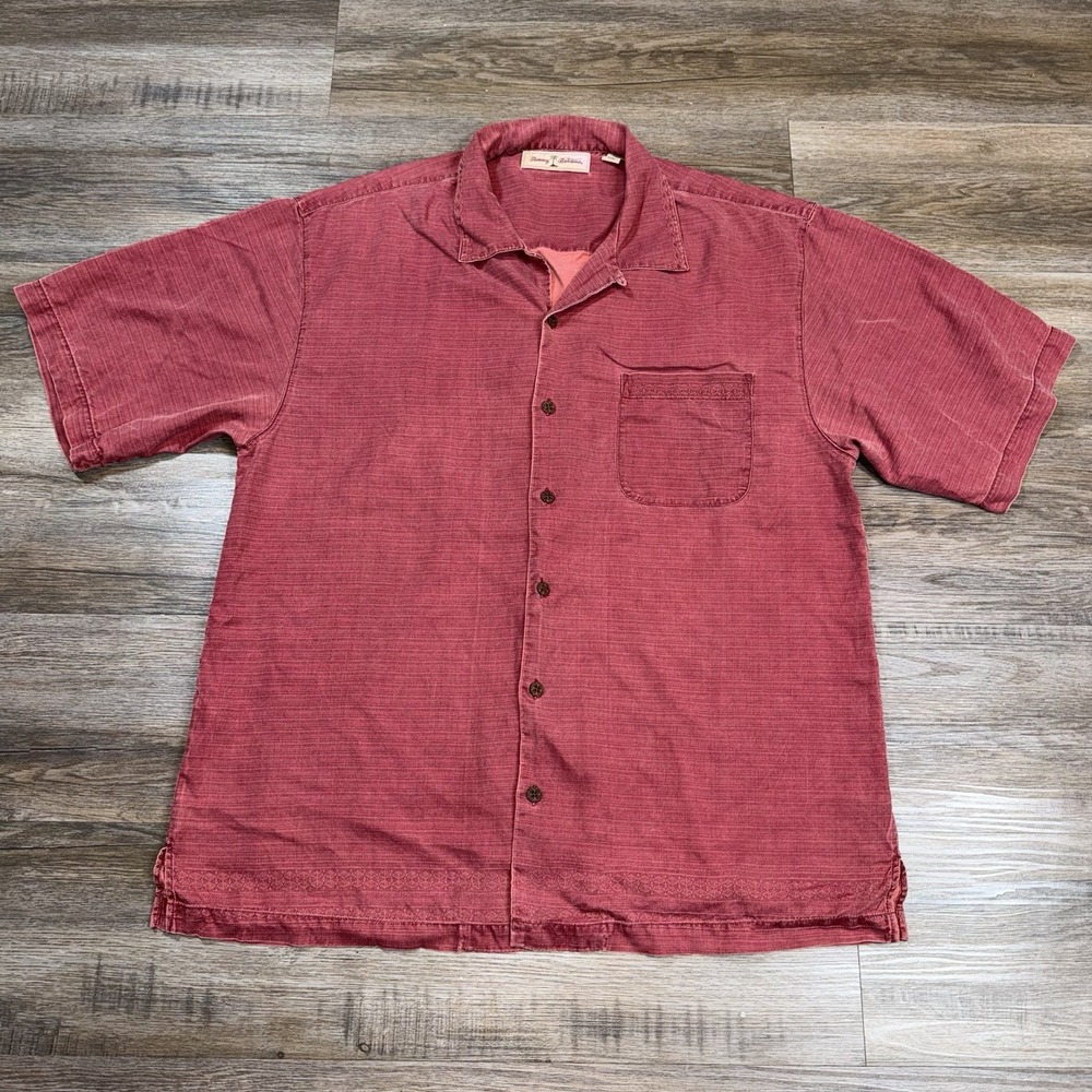 Tommy Bahama Shirt Mens Large Short Sleeve 100% Textured Fabric Camp Collar